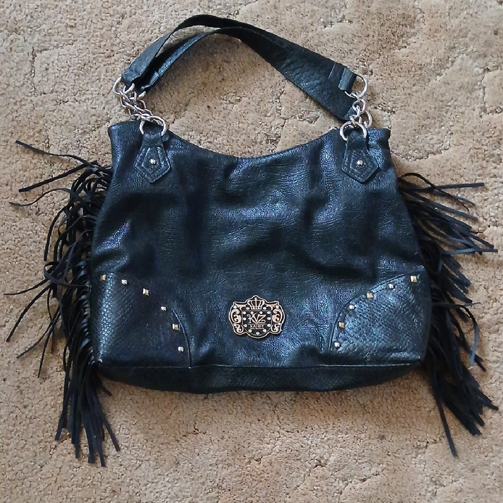 Kathy Van Zeeland Black Fringe Shoulder Bag with Stud Emblem